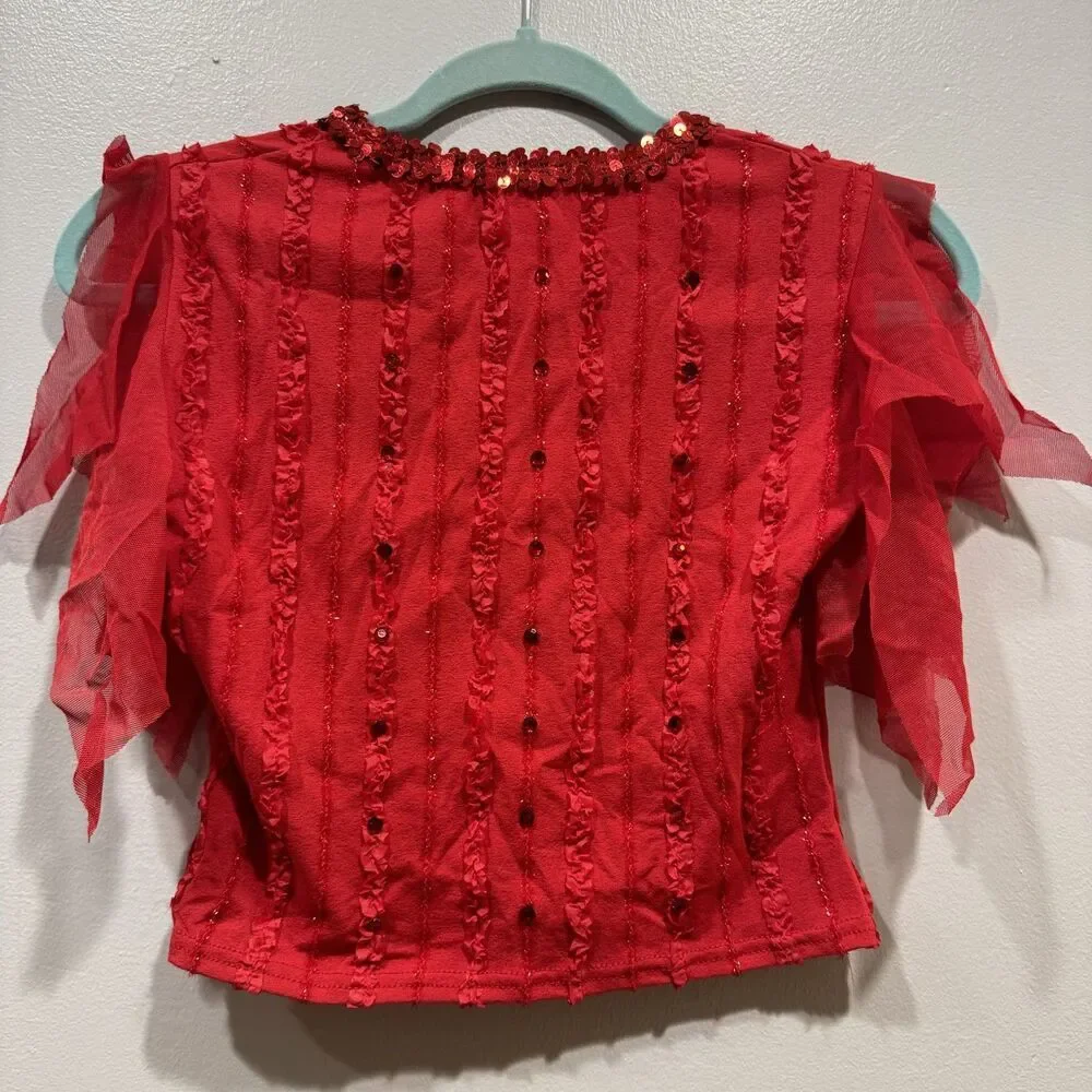 Vintage Curtain Call Costumes Red Sequin Ruffle Set Pants Top Dance Child Large